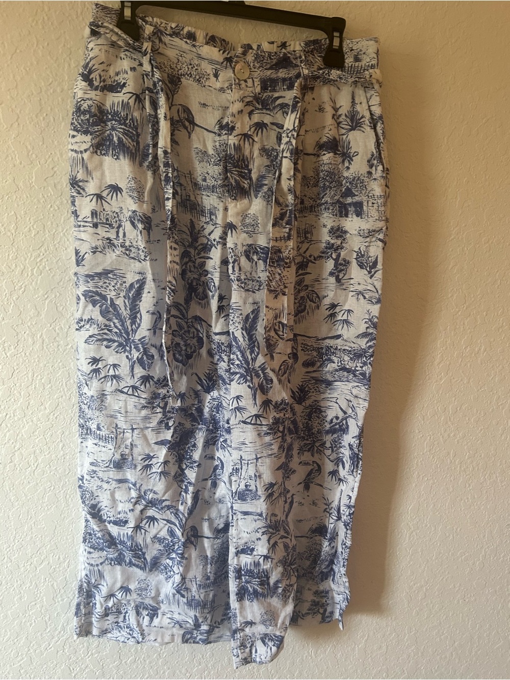 Joie White and Blue Wide Leg Pants with Tropical Print